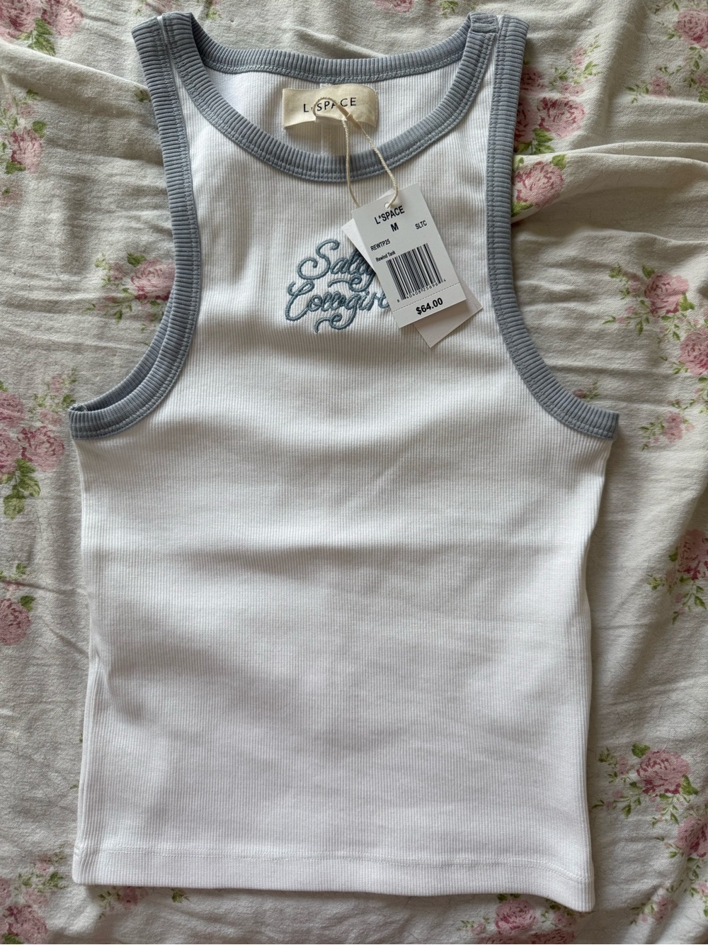 L*space White Ribbed Tank with Gray Trim and Embroidered Salty Cowgirl text